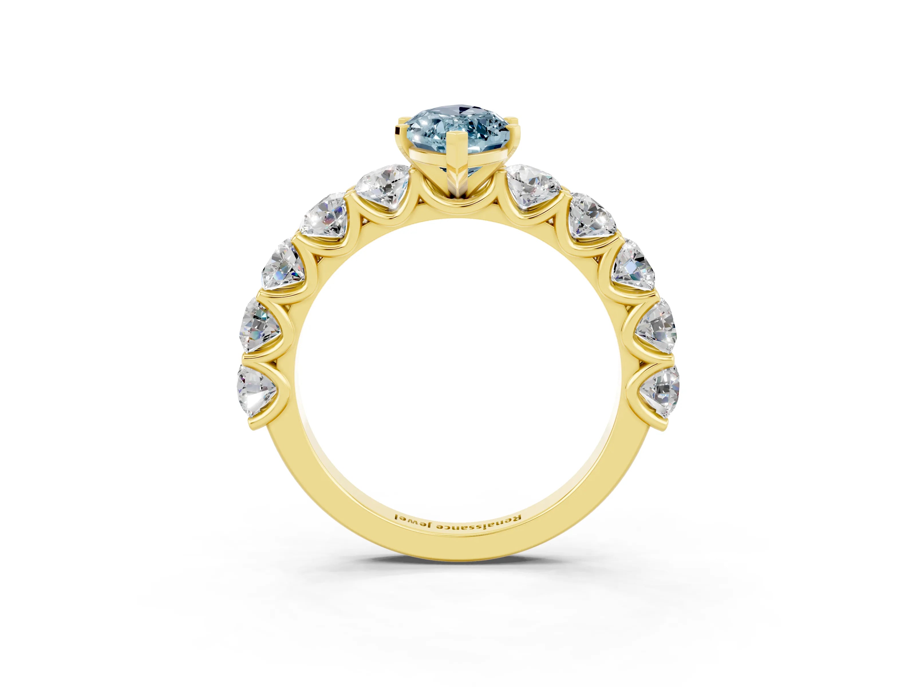 Yellow gold Marquise Cut Aquamarine Prong Setting with Side Stones on a Pave Band_3