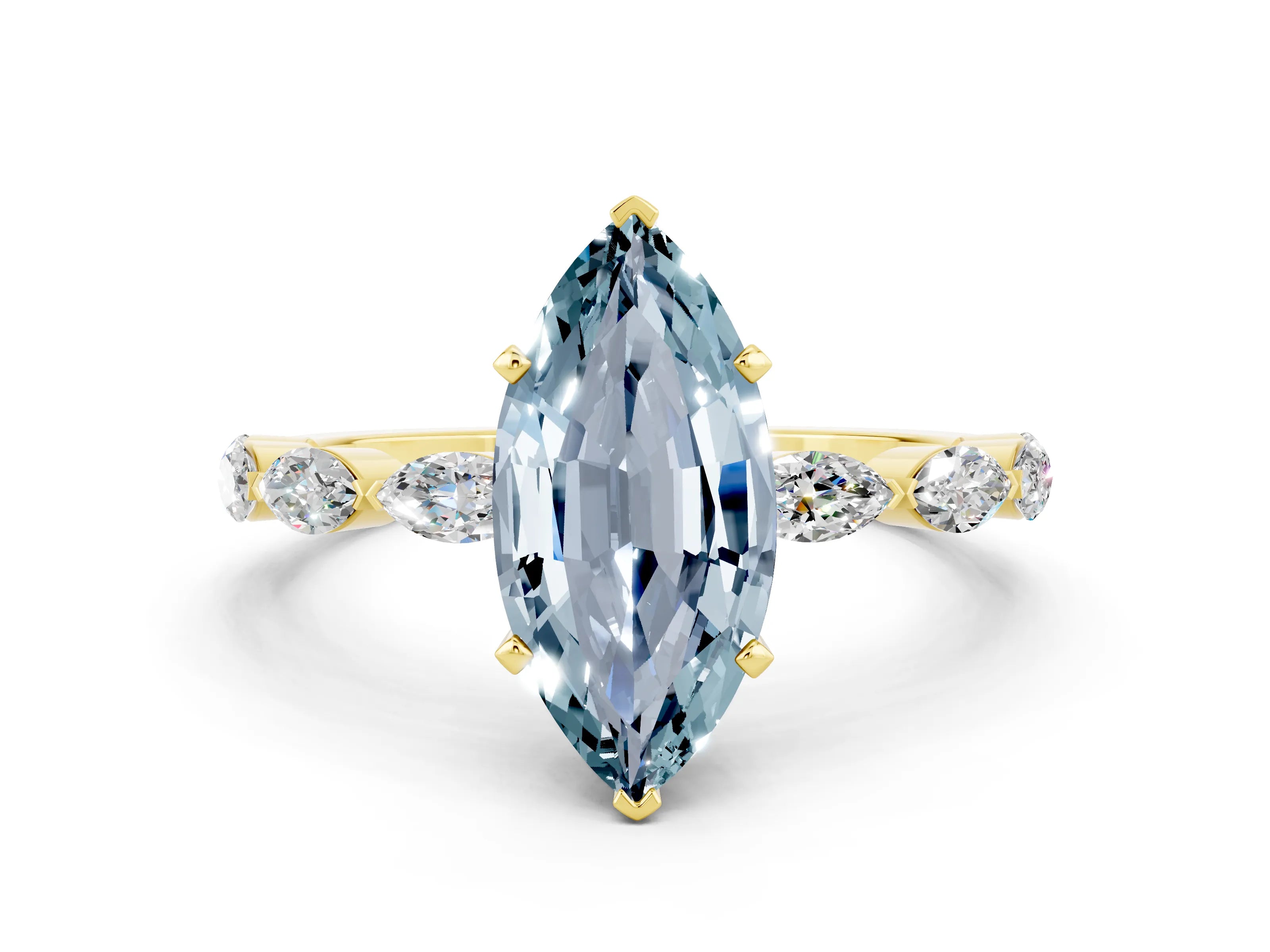 Yellow gold Marquise Cut Aquamarine Ring with Marquise Side Stones and Prong Setting