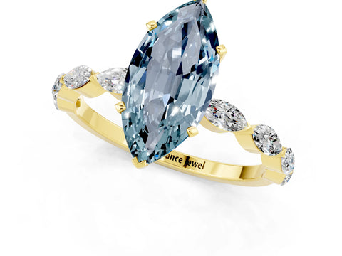 Yellow gold Marquise Cut Aquamarine Ring with Marquise Side Stones and Prong Setting_1