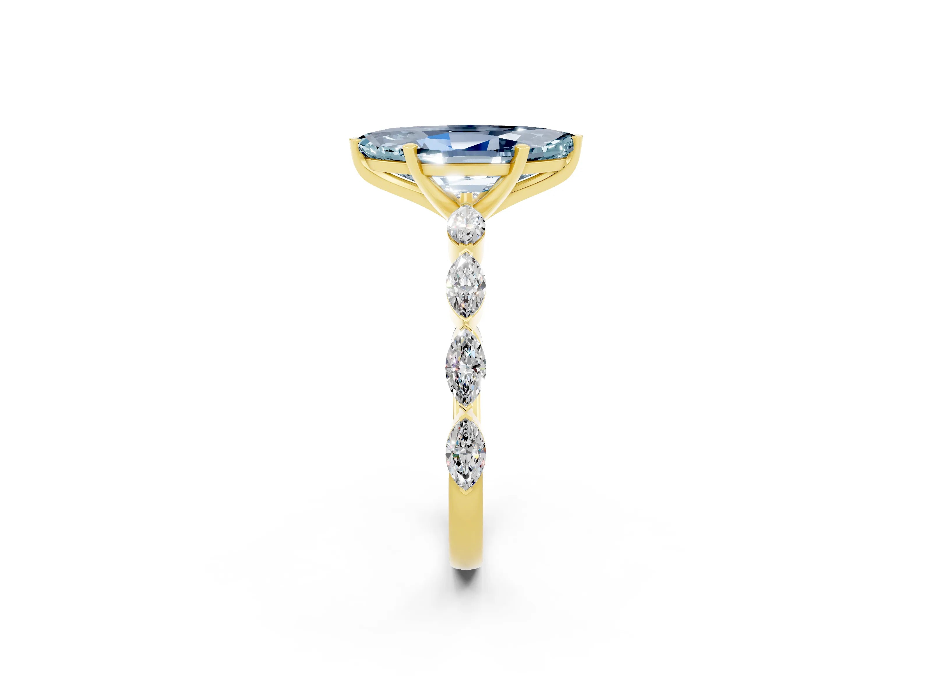 Yellow gold Marquise Cut Aquamarine Ring with Marquise Side Stones and Prong Setting_2