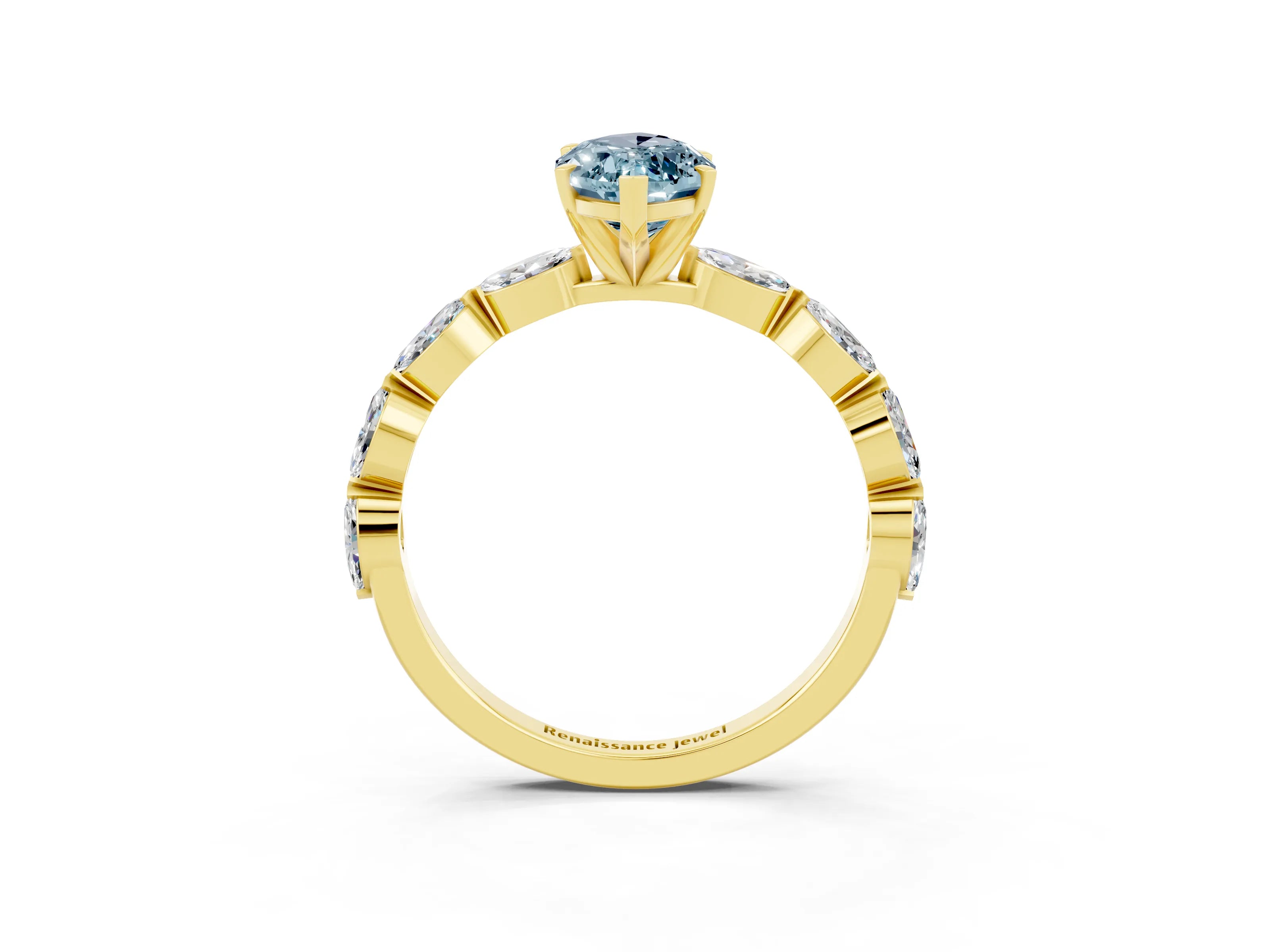 Yellow gold Marquise Cut Aquamarine Ring with Marquise Side Stones and Prong Setting_3