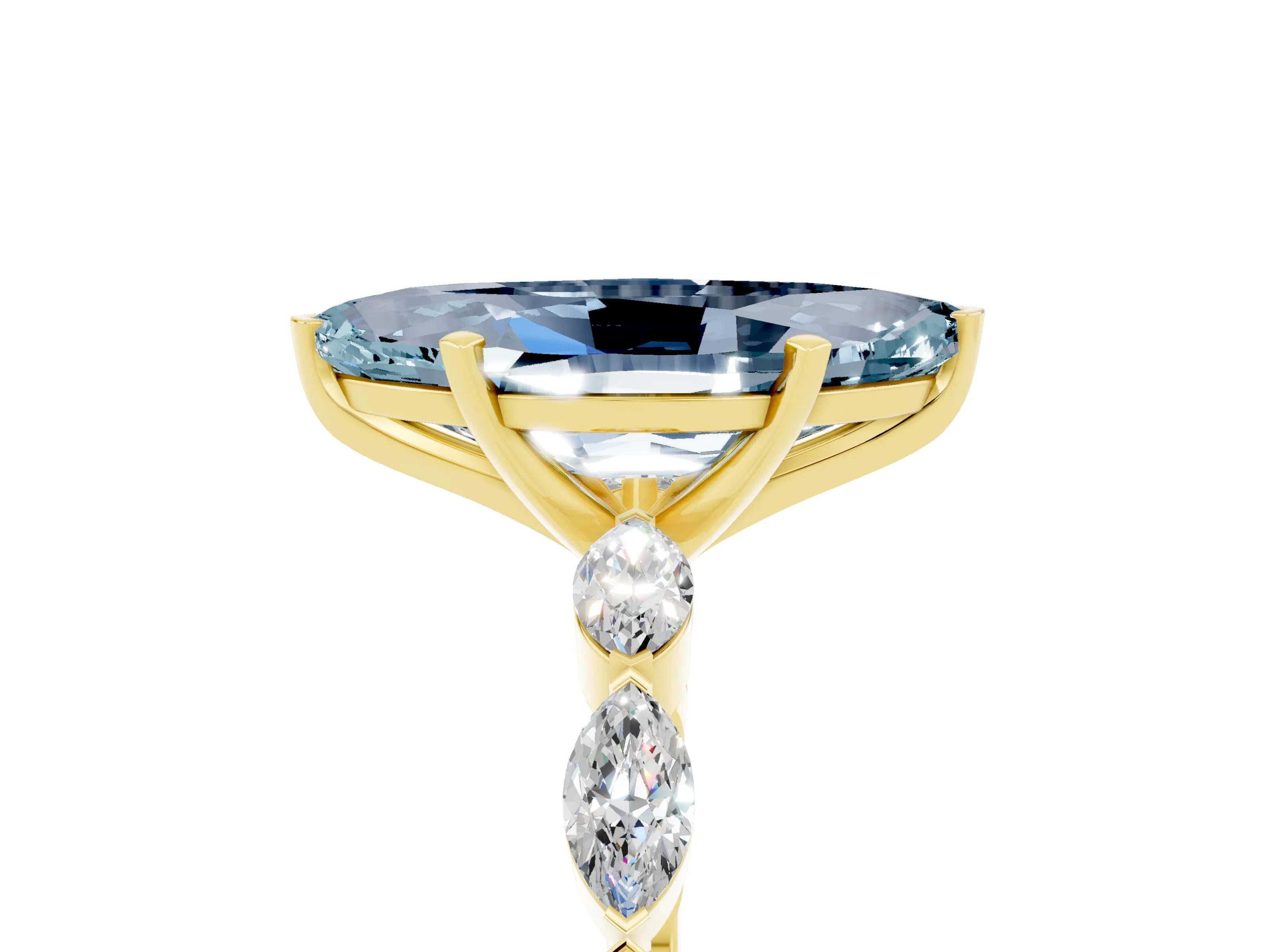 Yellow gold Marquise Cut Aquamarine Ring with Marquise Side Stones and Prong Setting_5
