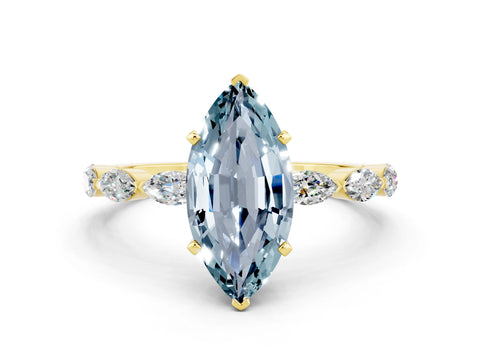 Yellow gold Marquise Cut Aquamarine Ring with Marquise Side Stones and Prong Setting