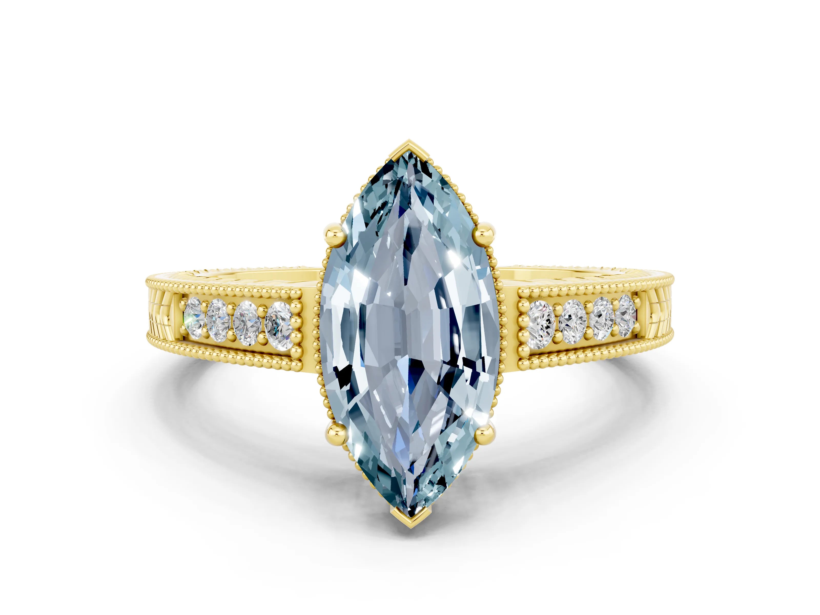 Yellow gold Marquise Cut Aquamarine Ring with Milgrain Pavé Band and Four-Prong Setting_12