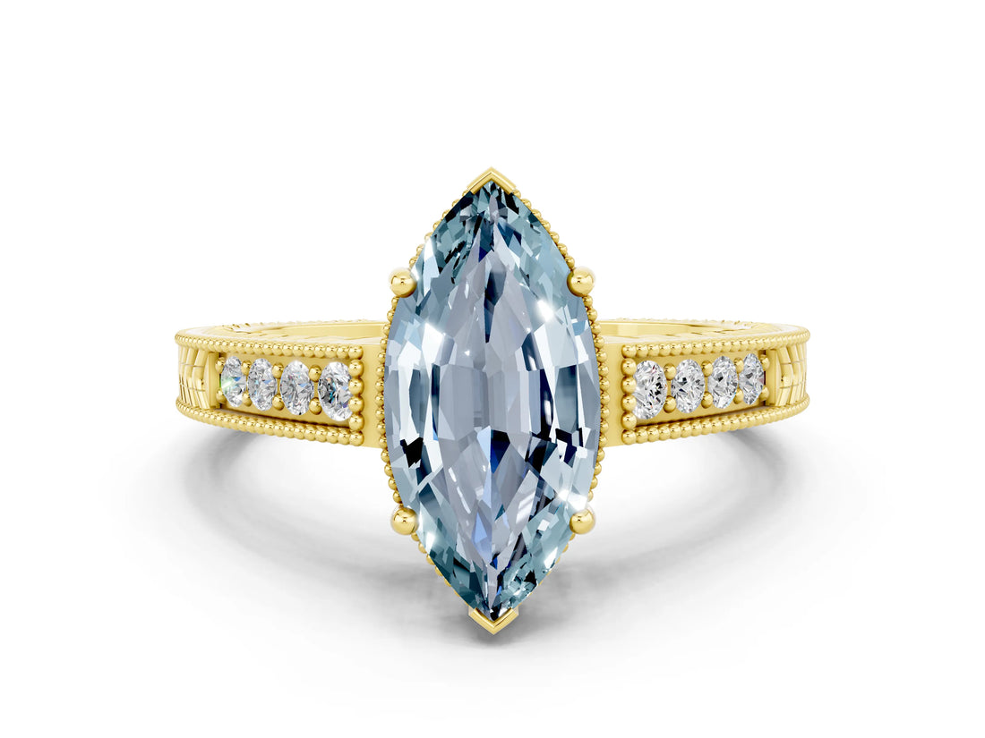 Yellow gold Marquise Cut Aquamarine Ring with Milgrain Pavé Band and Four-Prong Setting_12