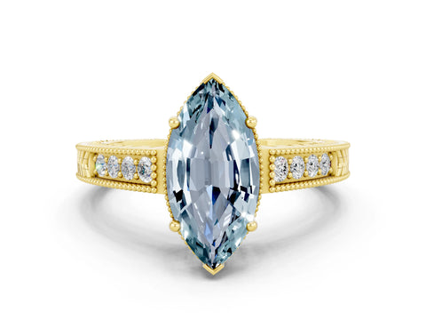 Yellow gold Marquise Cut Aquamarine Ring with Milgrain Pavé Band and Four-Prong Setting_12
