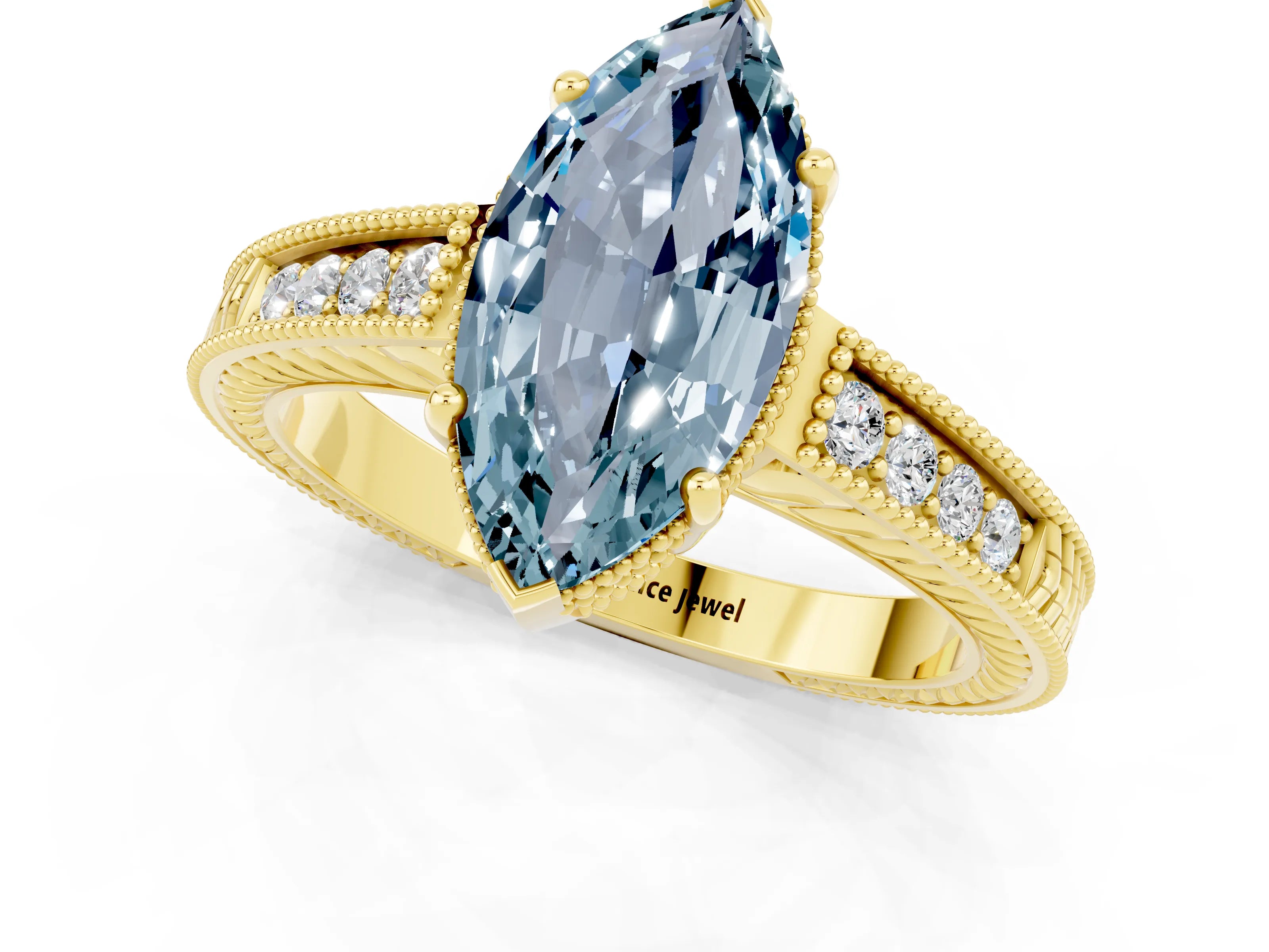 Yellow gold Marquise Cut Aquamarine Ring with Milgrain Pavé Band and Four-Prong Setting_13