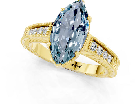 Yellow gold Marquise Cut Aquamarine Ring with Milgrain Pavé Band and Four-Prong Setting_13