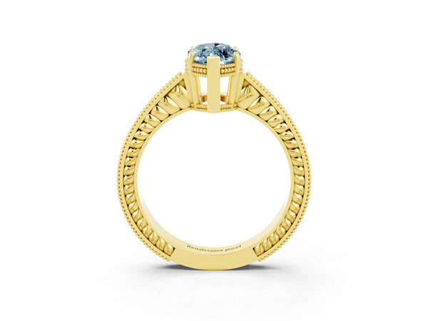 Yellow gold Marquise Cut Aquamarine Ring with Milgrain Pavé Band and Four-Prong Setting