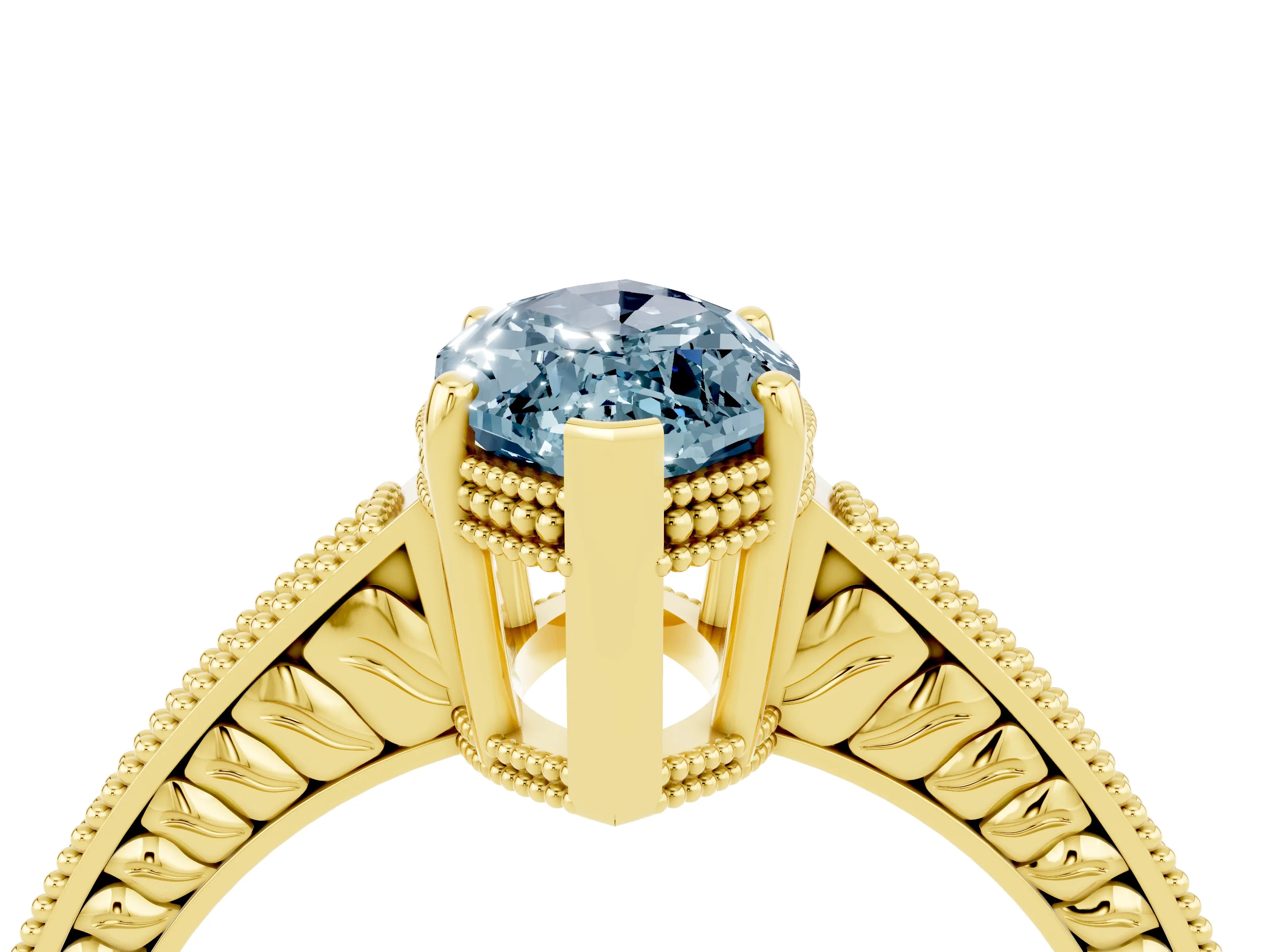 Yellow gold Marquise Cut Aquamarine Ring with Milgrain Pavé Band and Four-Prong Setting_16