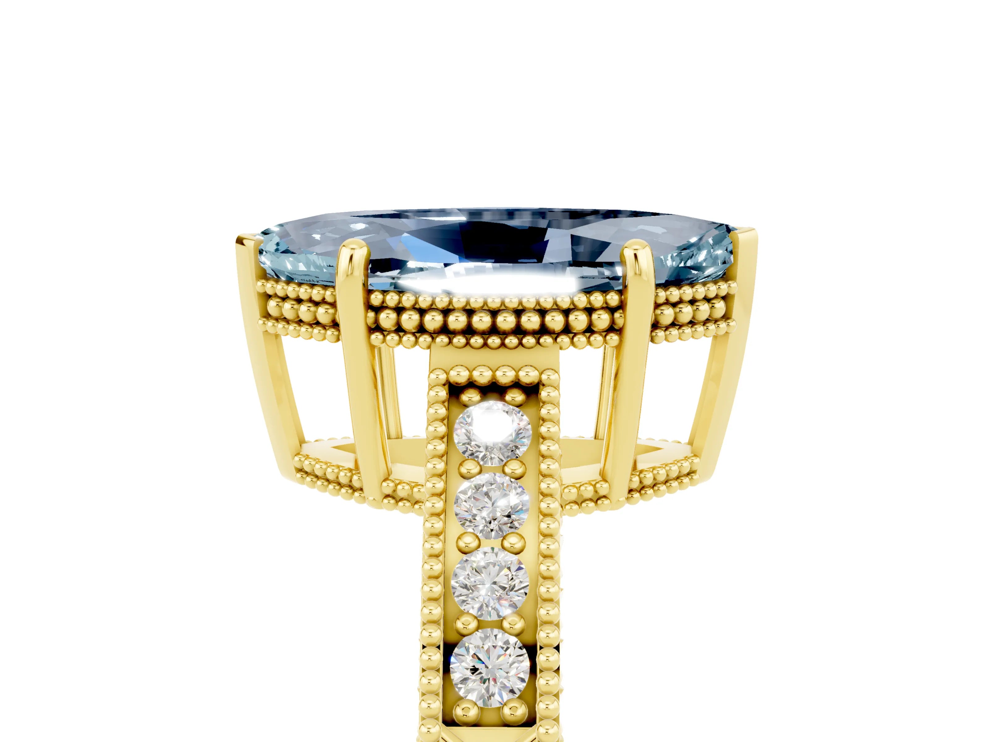 Yellow gold Marquise Cut Aquamarine Ring with Milgrain Pavé Band and Four-Prong Setting_17