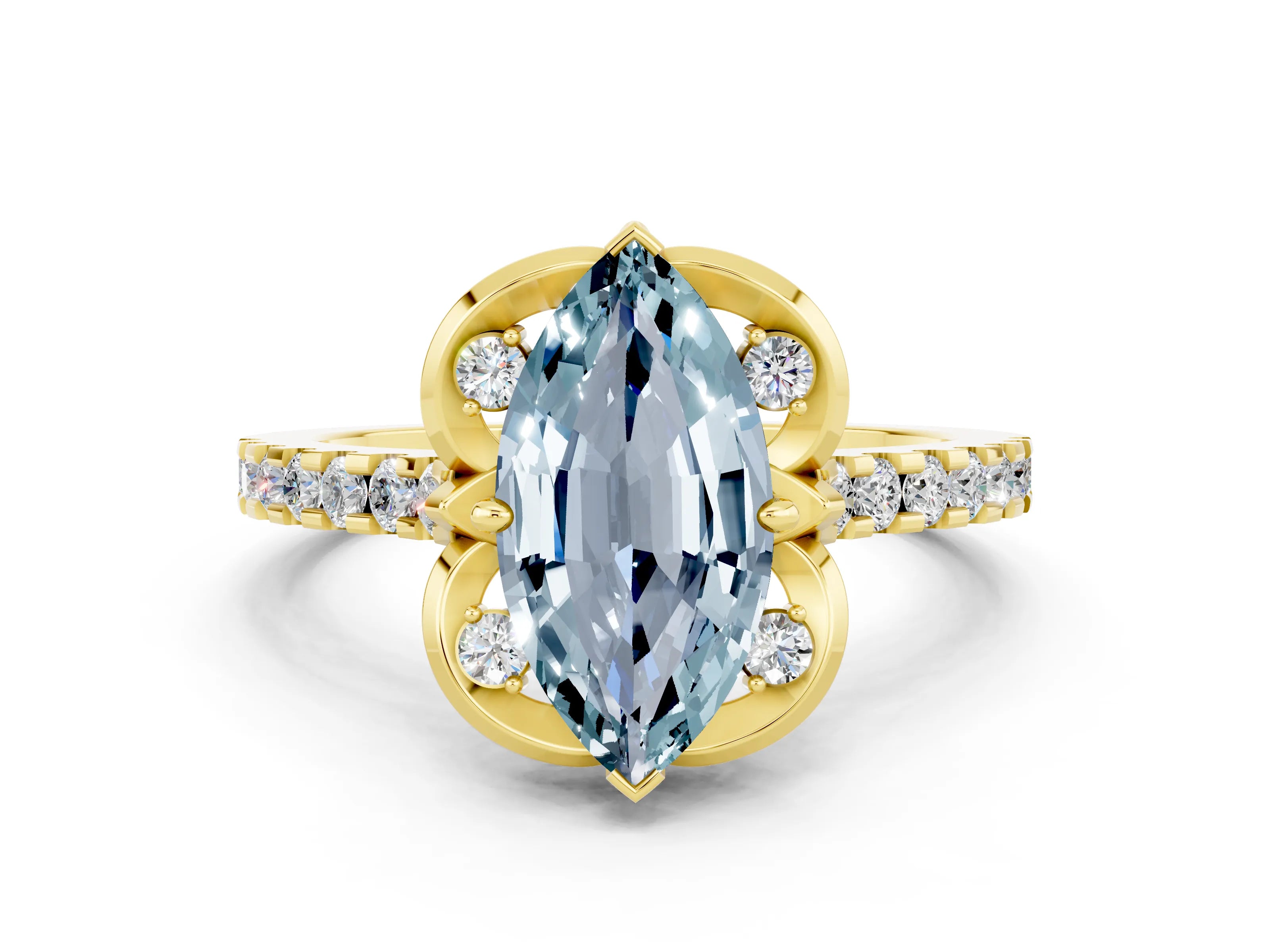 Yellow gold Marquise Cut Aquamarine Ring with Pavé Band and Floral Prong Setting