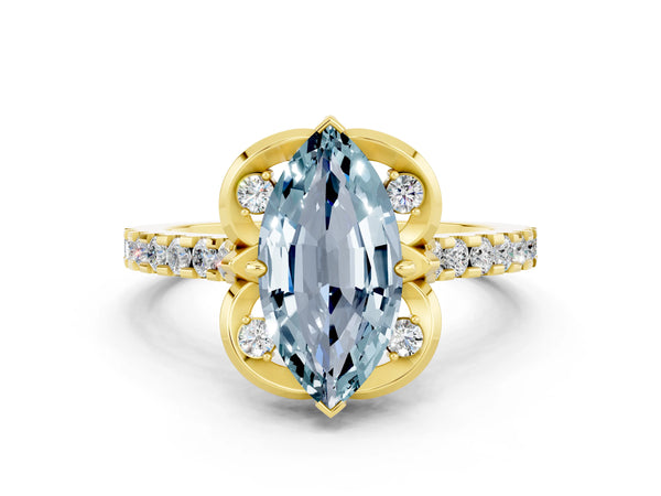 Yellow gold Marquise Cut Aquamarine Ring with Pavé Band and Floral Prong Setting