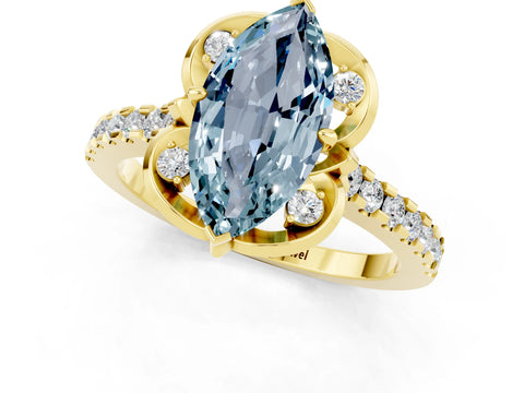 Yellow gold Marquise Cut Aquamarine Ring with Pavé Band and Floral Prong Setting_1