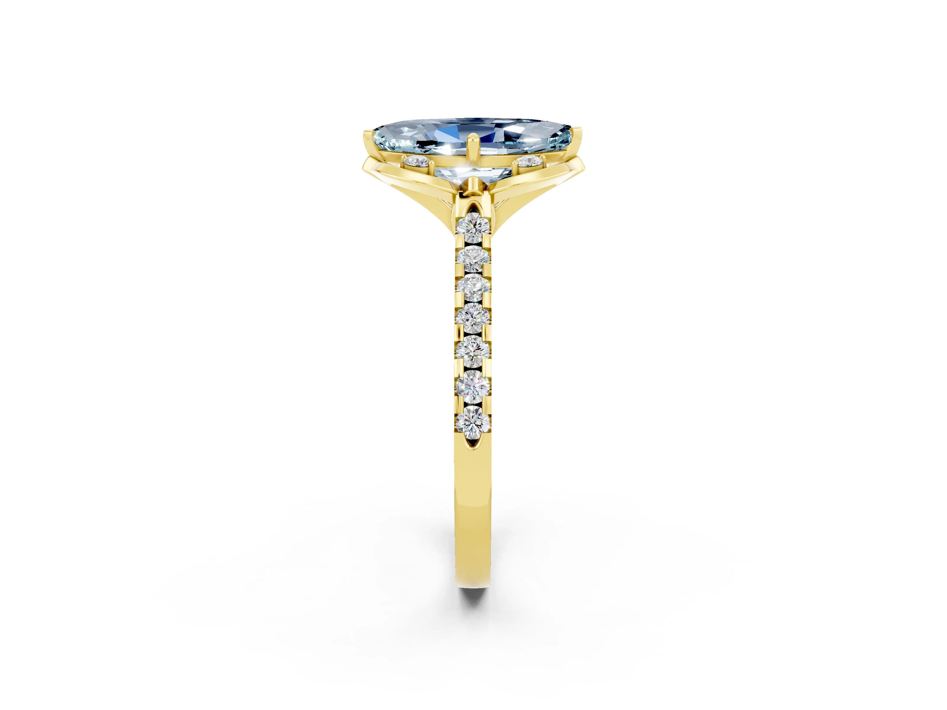Yellow gold Marquise Cut Aquamarine Ring with Pavé Band and Floral Prong Setting_2