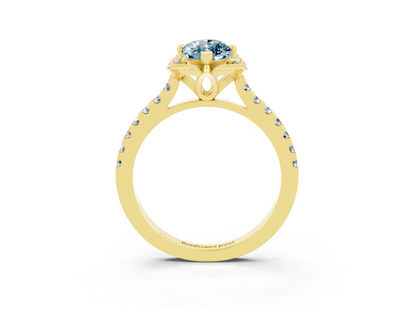 Yellow gold Marquise Cut Aquamarine Ring with Pavé Band and Floral Prong Setting