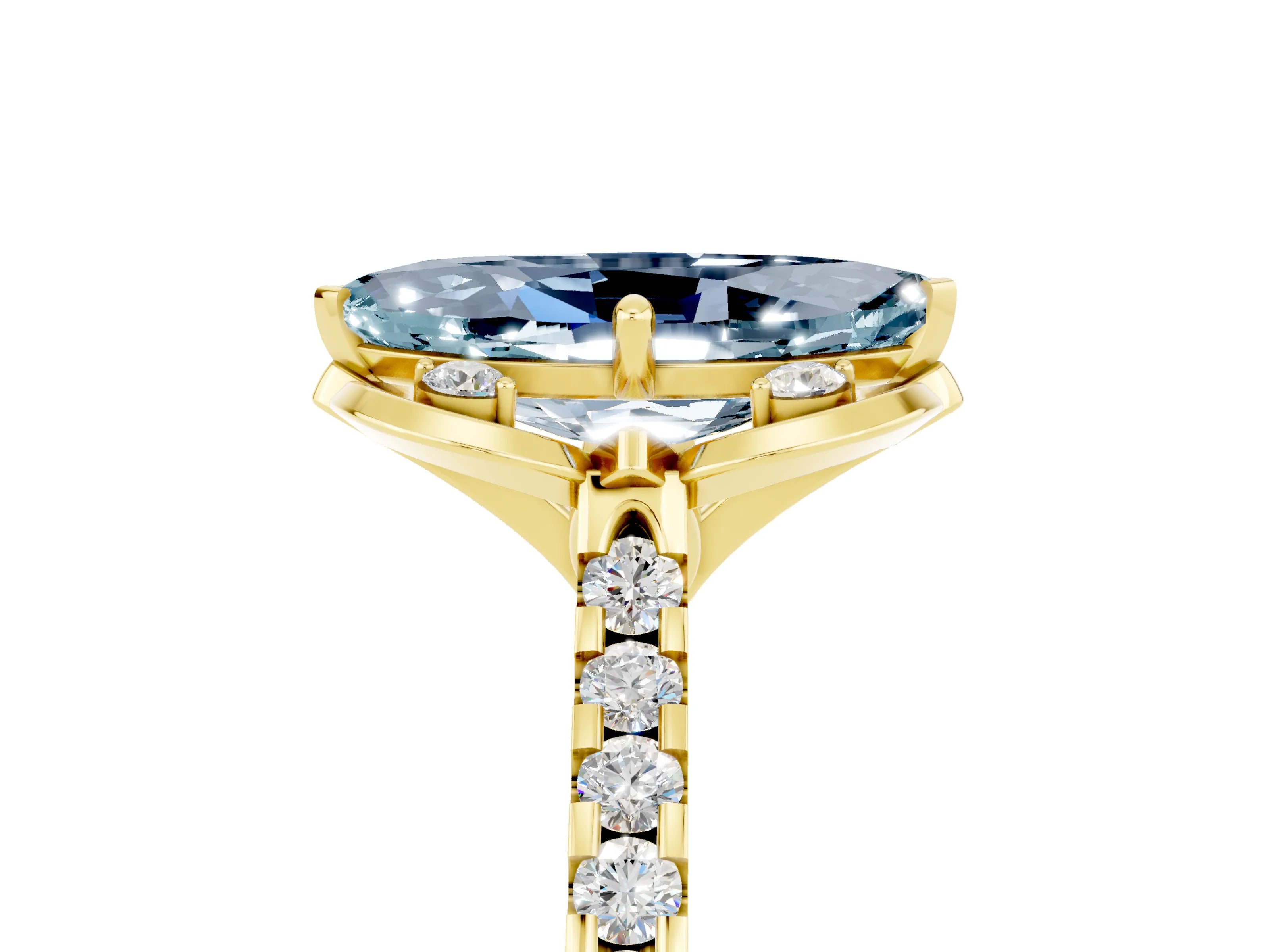 Yellow gold Marquise Cut Aquamarine Ring with Pavé Band and Floral Prong Setting_5