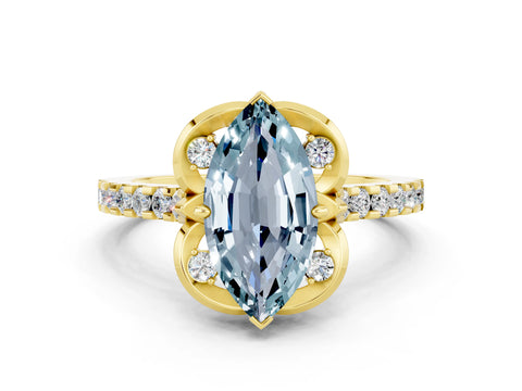 Yellow gold Marquise Cut Aquamarine Ring with Pavé Band and Floral Prong Setting