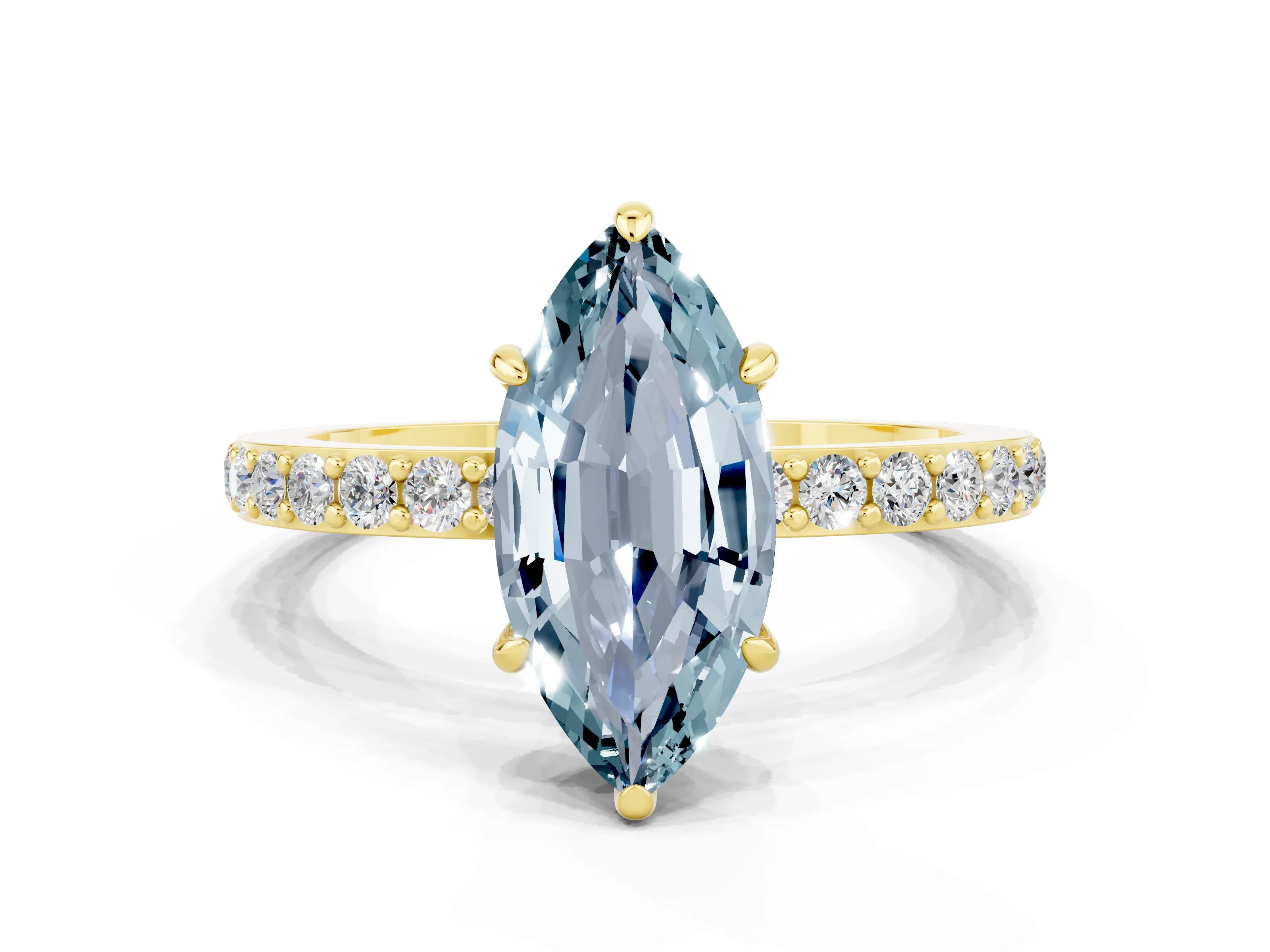 Yellow gold Marquise Cut Aquamarine Ring with Pavé Band and Four-Prong Setting