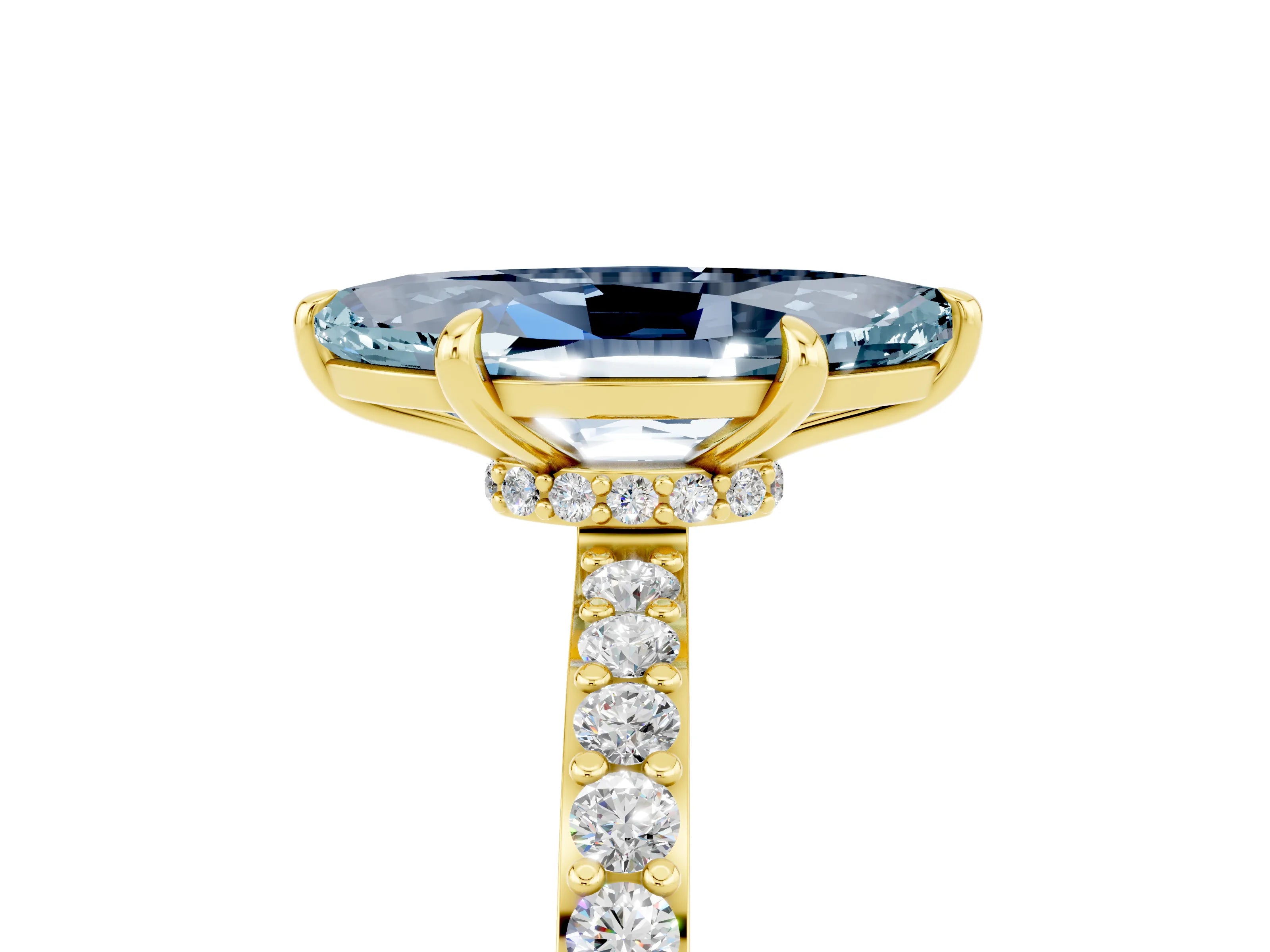Yellow gold Marquise Cut Aquamarine Ring with Pavé Band and Four-Prong Setting_5
