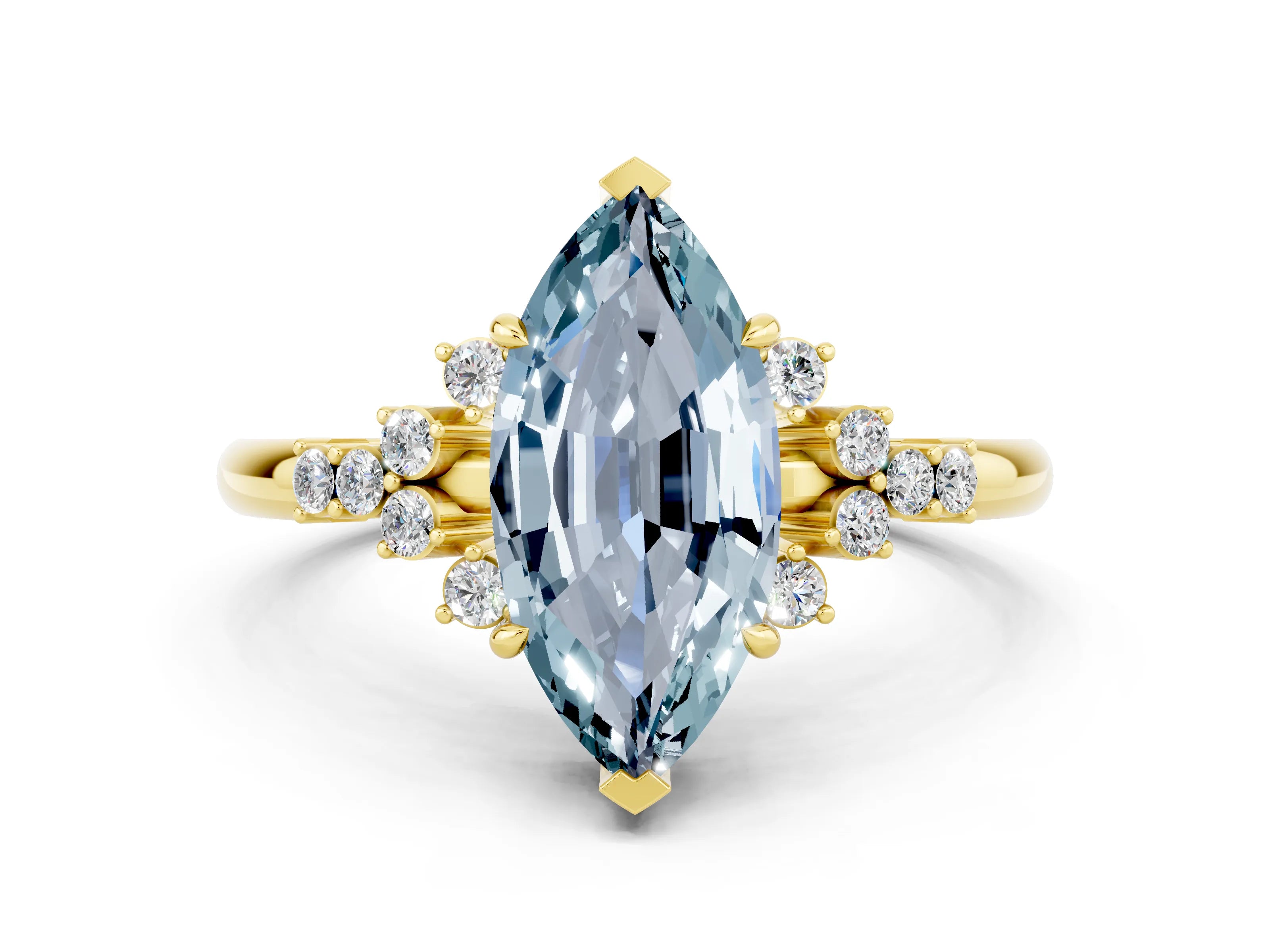 Yellow gold Marquise Cut Aquamarine Ring with Side Stones and Four-Prong Setting_36