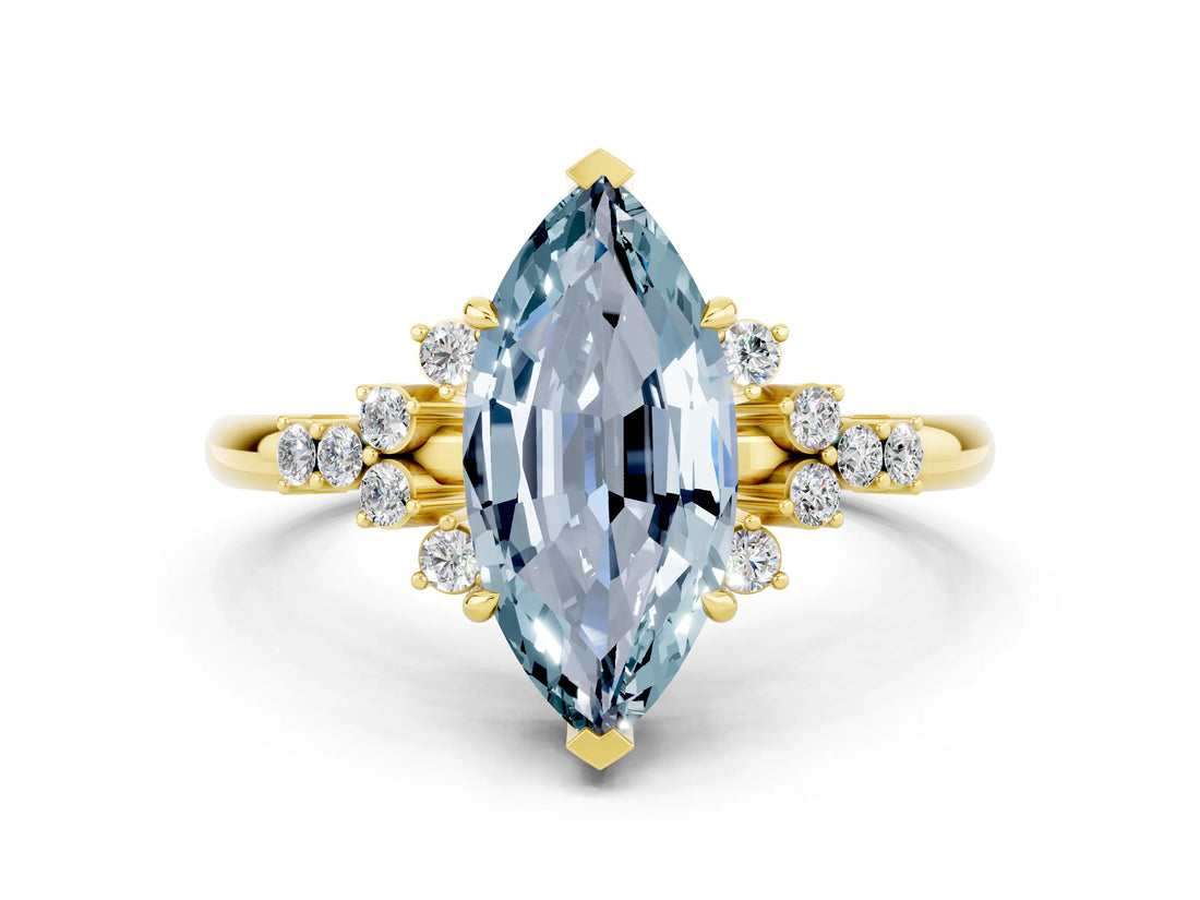 Yellow gold Marquise Cut Aquamarine Ring with Side Stones and Four-Prong Setting_36