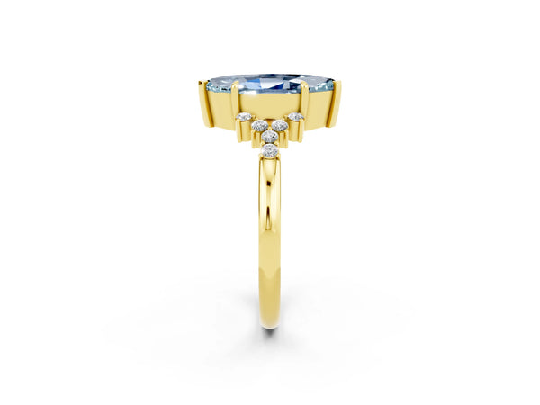 Yellow gold Marquise Cut Aquamarine Ring with Side Stones and Four-Prong Setting