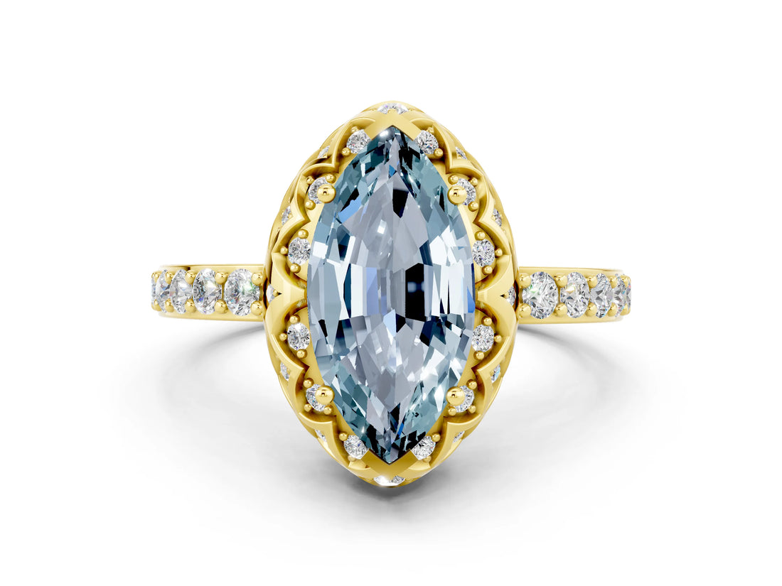 Yellow gold Marquise Cut Aquamarine Scalloped Halo Engagement Ring with Round Shared Prong Band_12