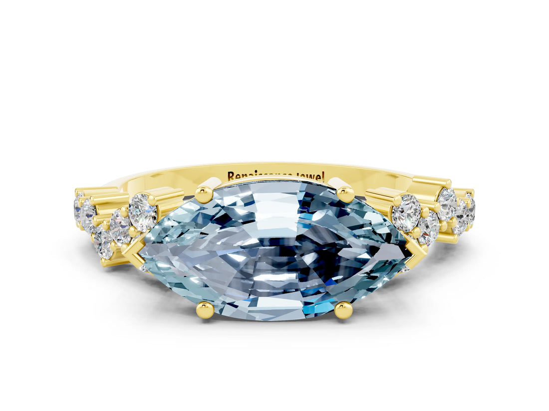 Yellow gold Marquise Cut Aquamarine Scattered Round Accent Ring with Prong Setting_12