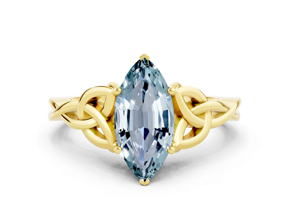 Yellow gold Marquise Cut Aquamarine Solitaire Celtic Knot Ring with Four-Prong Setting_12