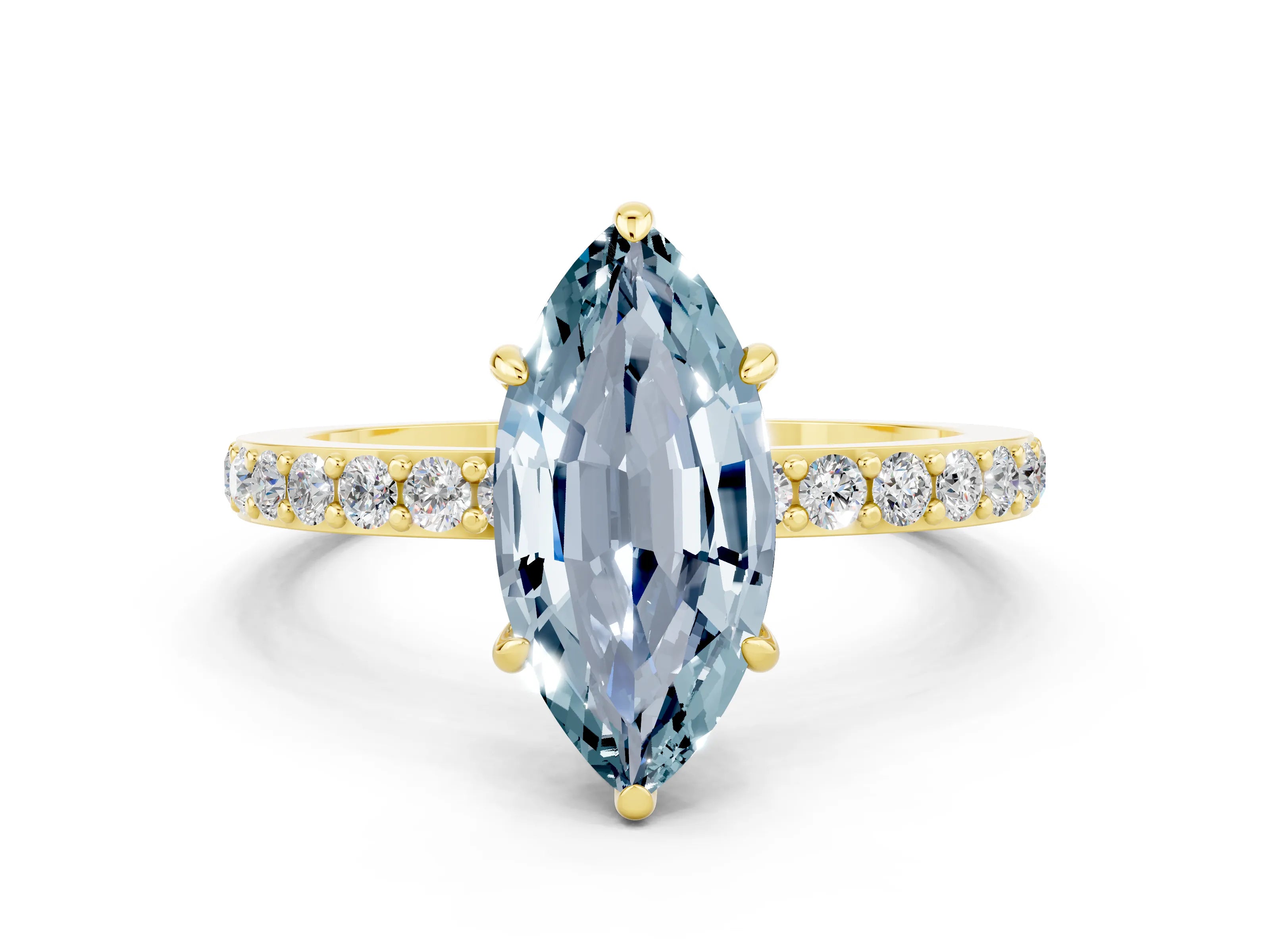 Yellow gold Marquise Cut Aquamarine Solitaire Engagement Ring with Pavé Band and Four-Prong Setting