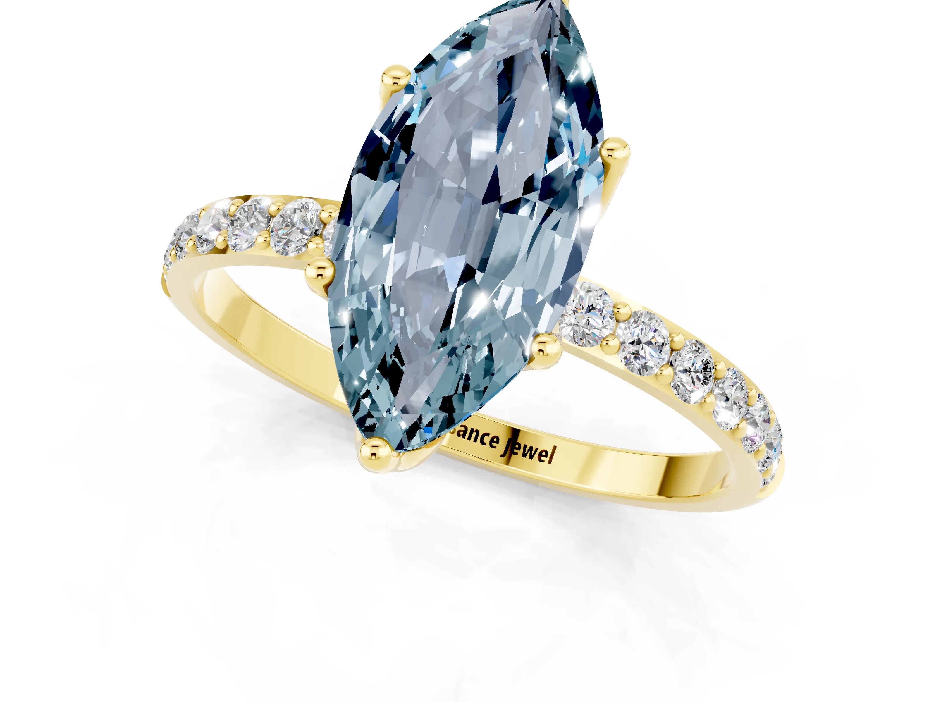 Yellow gold Marquise Cut Aquamarine Solitaire Engagement Ring with Pavé Band and Prong Setting_1
