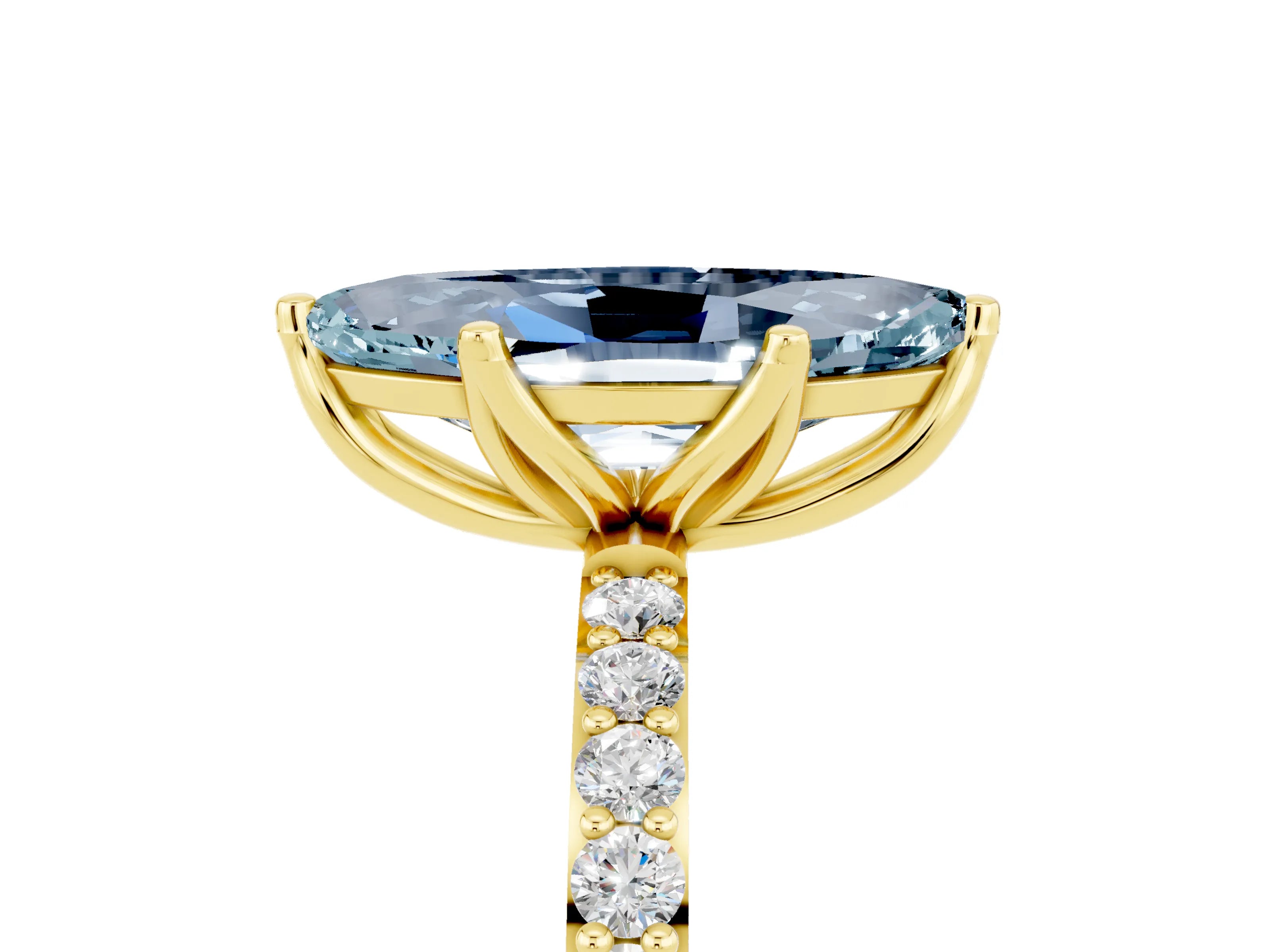 Yellow gold Marquise Cut Aquamarine Solitaire Engagement Ring with Pavé Band and Prong Setting_5