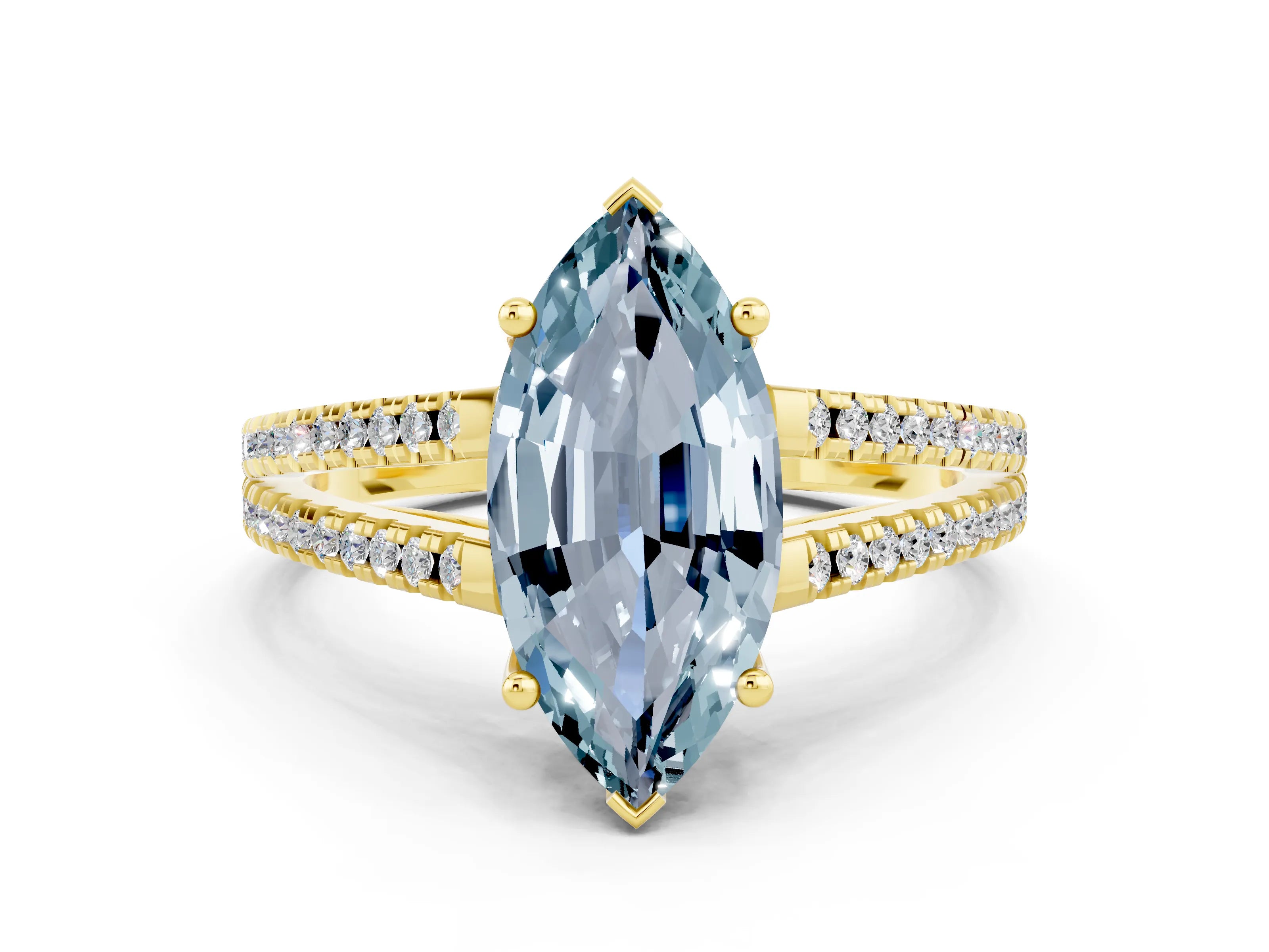 Yellow gold Marquise Cut Aquamarine Solitaire Engagement Ring with Split Shank Pavé Band