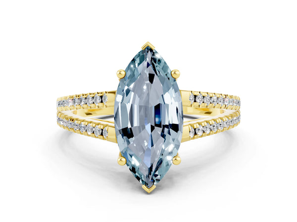Yellow gold Marquise Cut Aquamarine Solitaire Engagement Ring with Split Shank Pavé Band