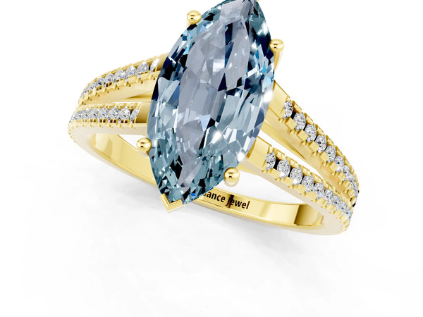 Yellow gold Marquise Cut Aquamarine Solitaire Engagement Ring with Split Shank Pavé Band