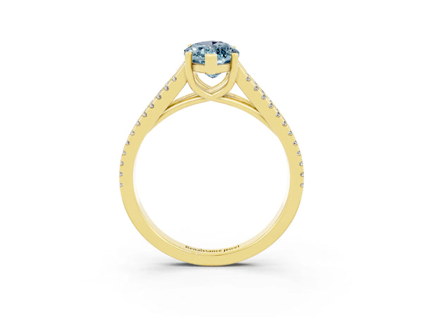 Yellow gold Marquise Cut Aquamarine Solitaire Engagement Ring with Split Shank Pavé Band