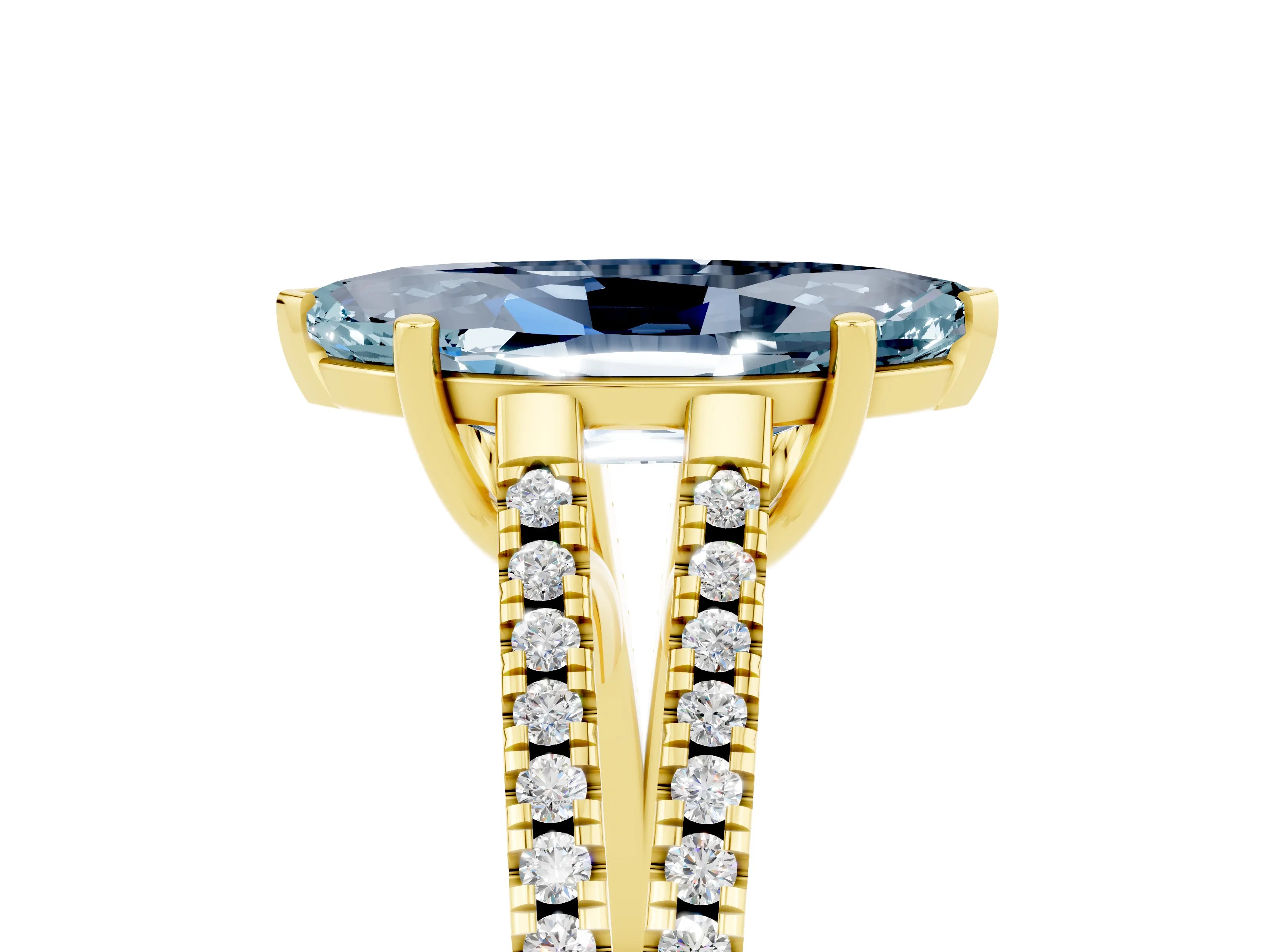 Yellow gold Marquise Cut Aquamarine Solitaire Engagement Ring with Split Shank Pavé Band_5