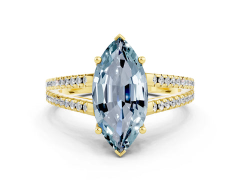 Yellow gold Marquise Cut Aquamarine Solitaire Engagement Ring with Split Shank Pavé Band