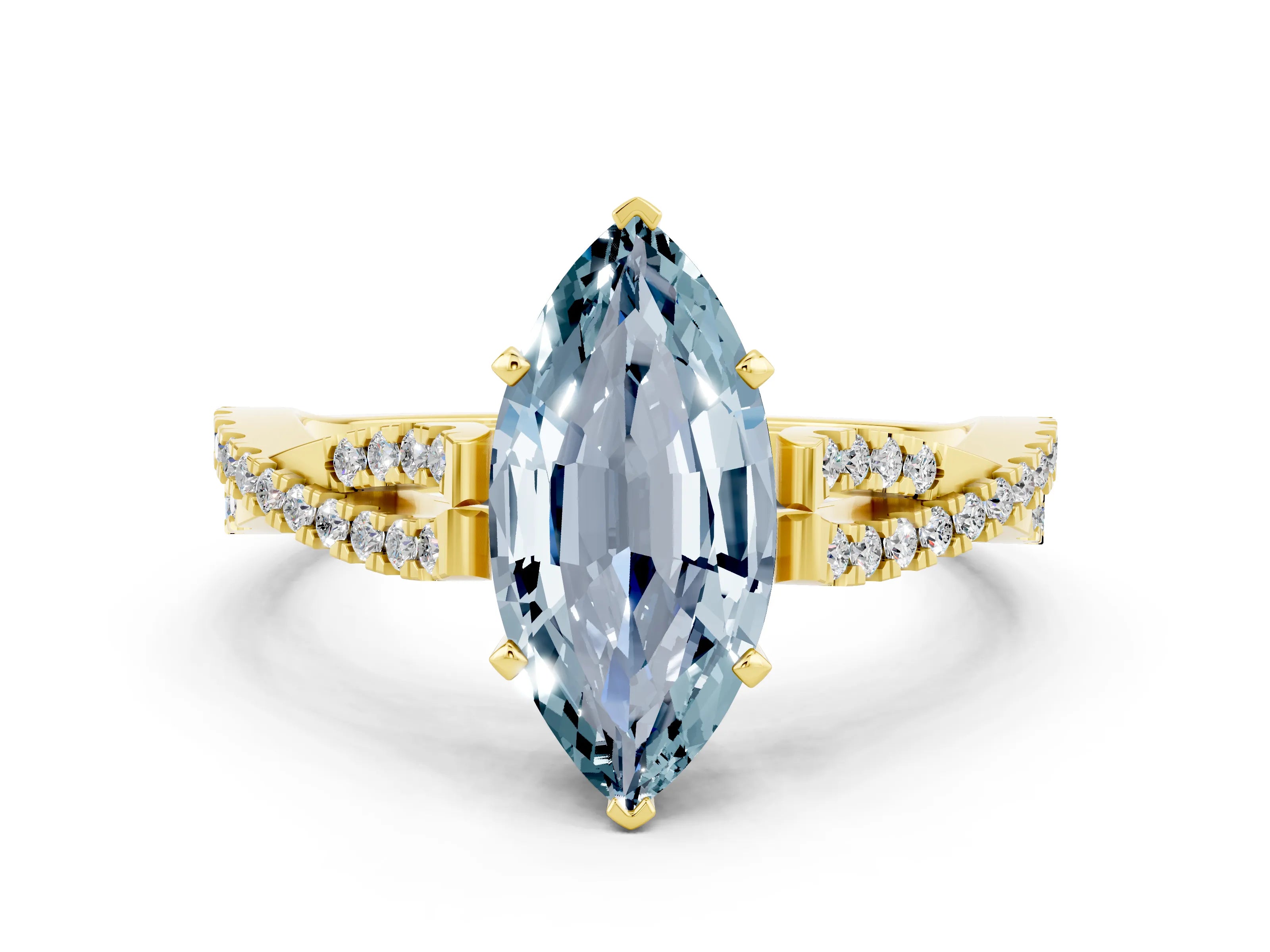 Yellow gold Marquise Cut Aquamarine Solitaire Engagement Ring with Twisted Pavé Band and Four-Prong Setting