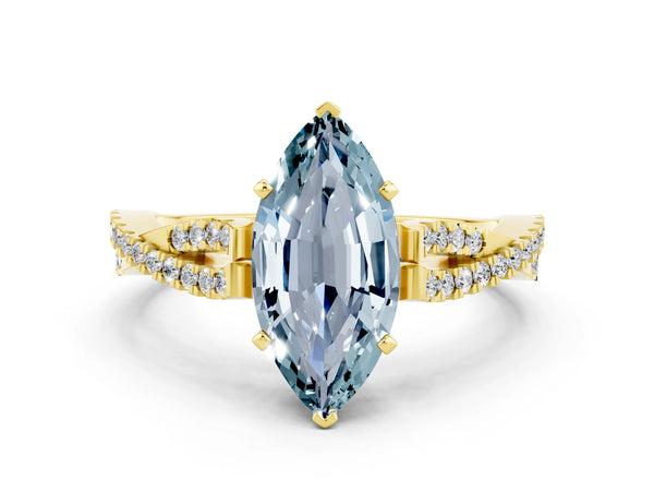 Yellow gold Marquise Cut Aquamarine Solitaire Engagement Ring with Twisted Pavé Band and Four-Prong Setting