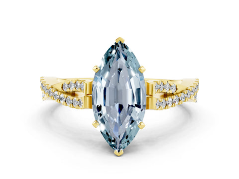 Yellow gold Marquise Cut Aquamarine Solitaire Engagement Ring with Twisted Pavé Band and Four-Prong Setting
