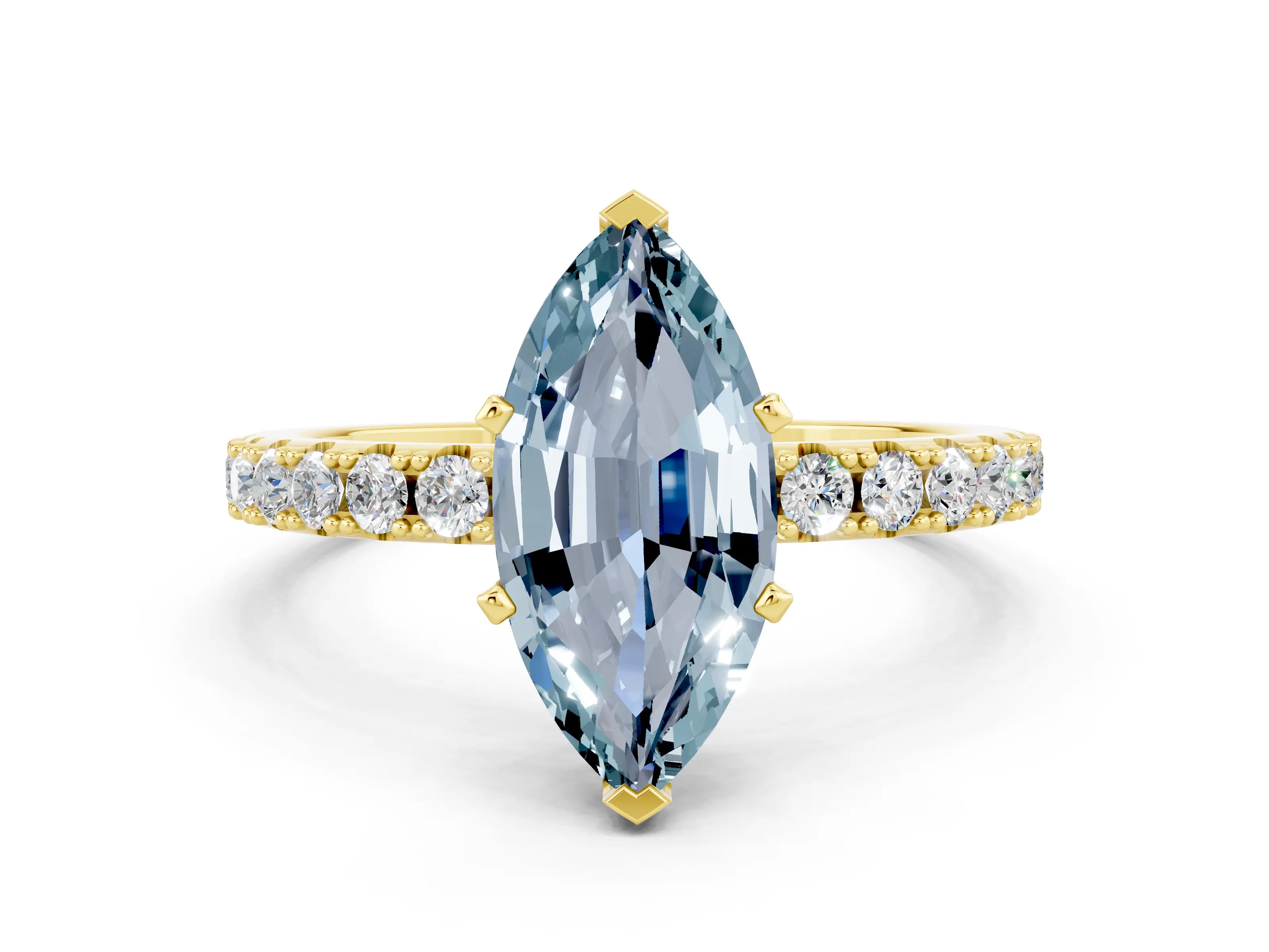 Yellow gold Marquise Cut Aquamarine Solitaire Pavé Band with Four-Prong Setting