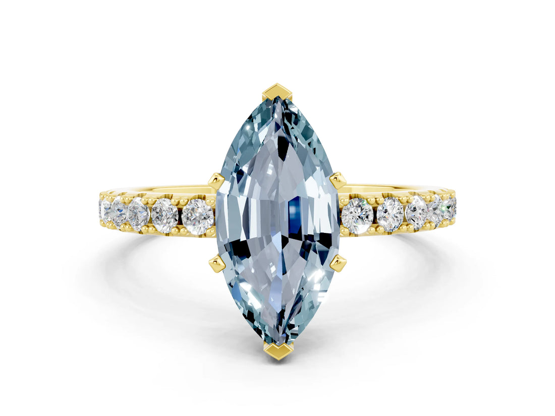 Yellow gold Marquise Cut Aquamarine Solitaire Pavé Band with Four-Prong Setting