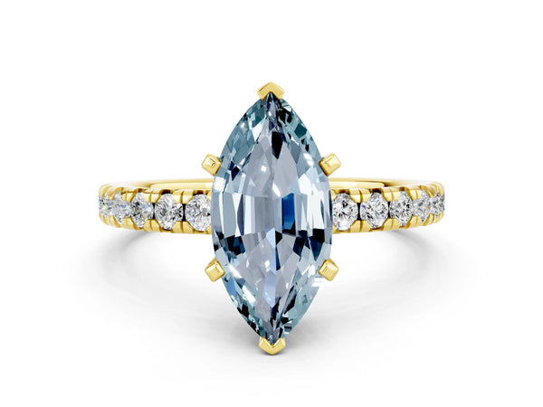 Yellow gold Marquise Cut Aquamarine Solitaire Pavé Engagement Ring with Round Band and Prong Setting