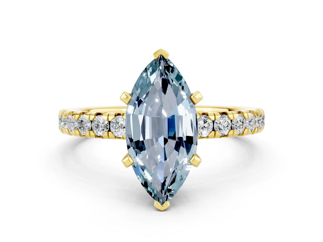 Yellow gold Marquise Cut Aquamarine Solitaire Pavé Engagement Ring with Round Band and Prong Setting_73