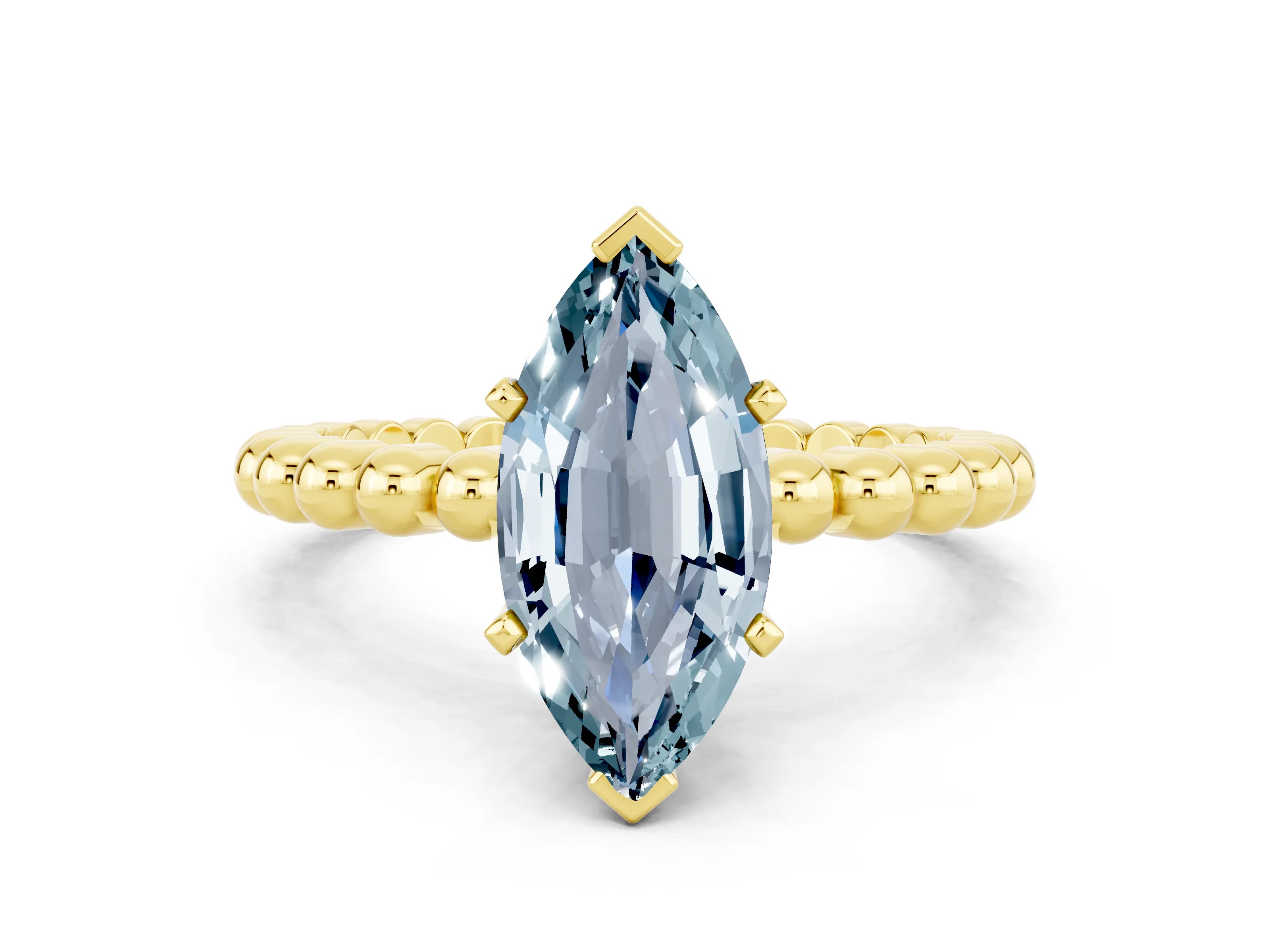Yellow gold Marquise Cut Aquamarine Solitaire Ring with Beaded Band and Prong Setting
