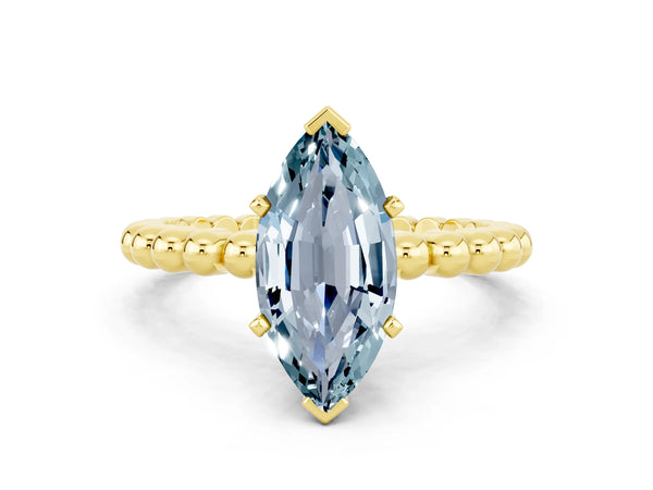 Yellow gold Marquise Cut Aquamarine Solitaire Ring with Beaded Band and Prong Setting
