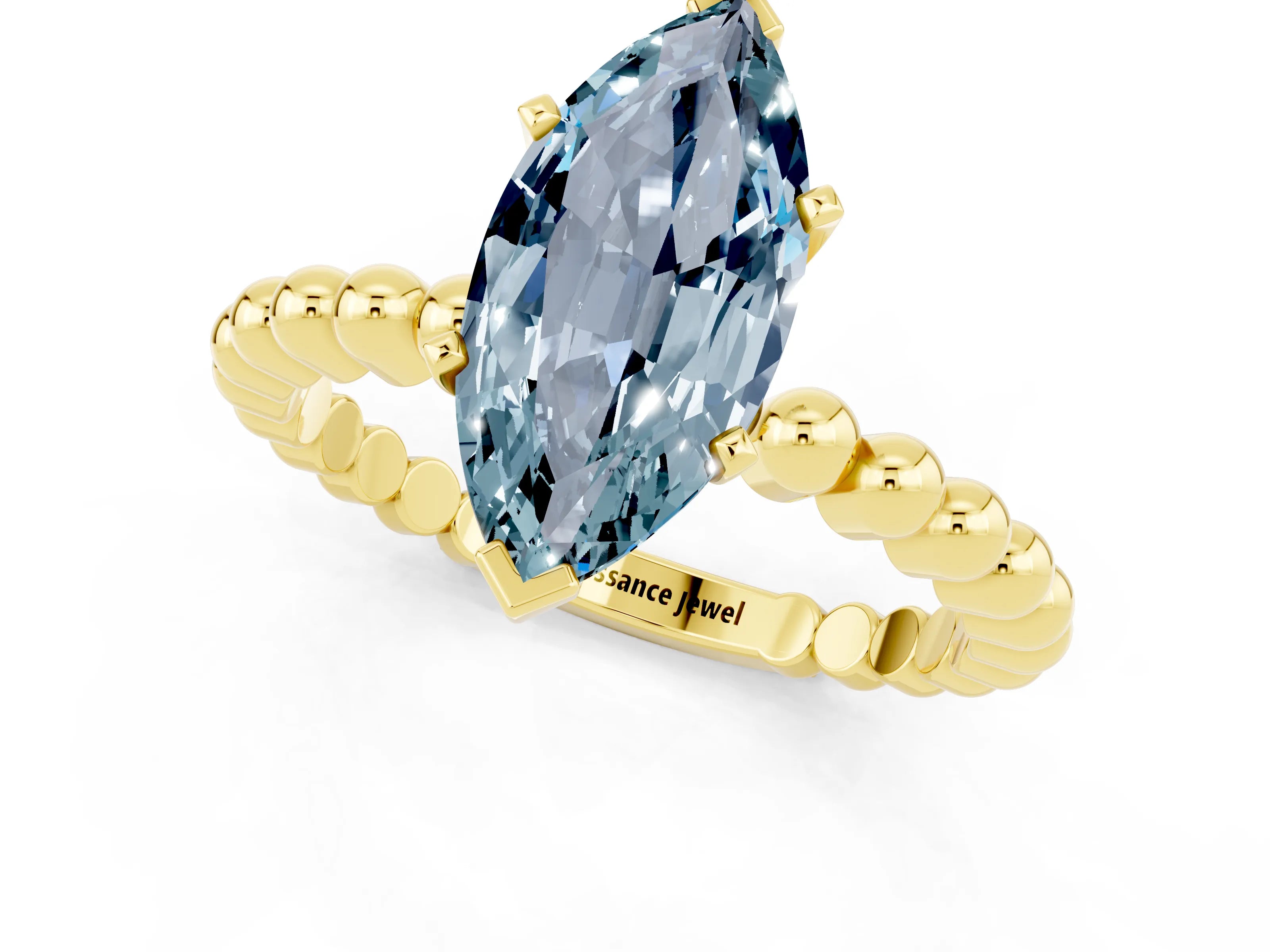 Yellow gold Marquise Cut Aquamarine Solitaire Ring with Beaded Band and Prong Setting_1