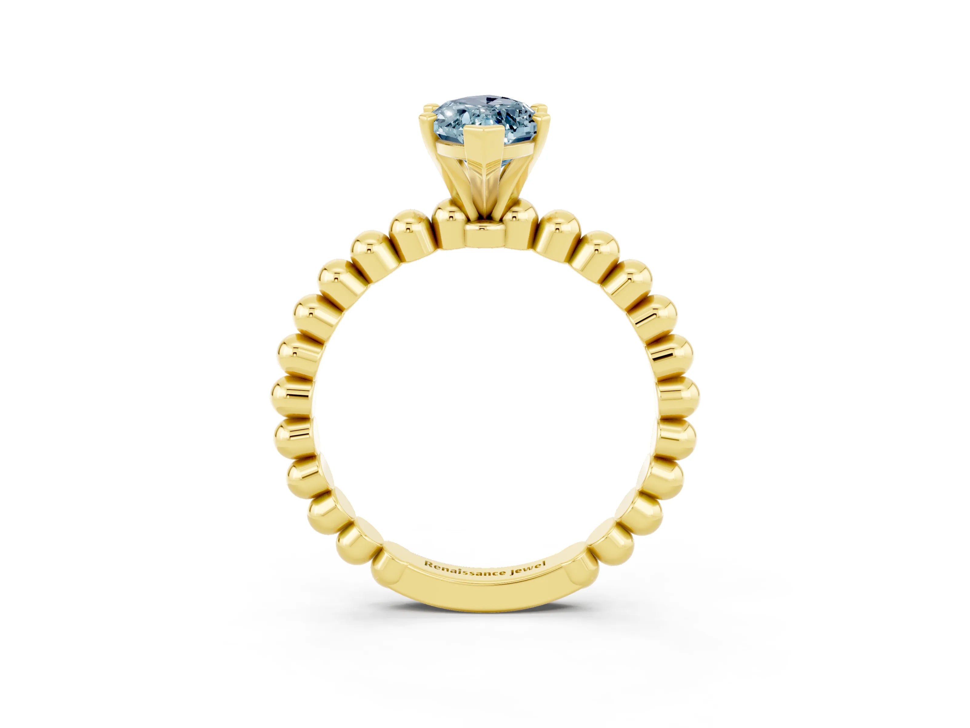 Yellow gold Marquise Cut Aquamarine Solitaire Ring with Beaded Band and Prong Setting_3